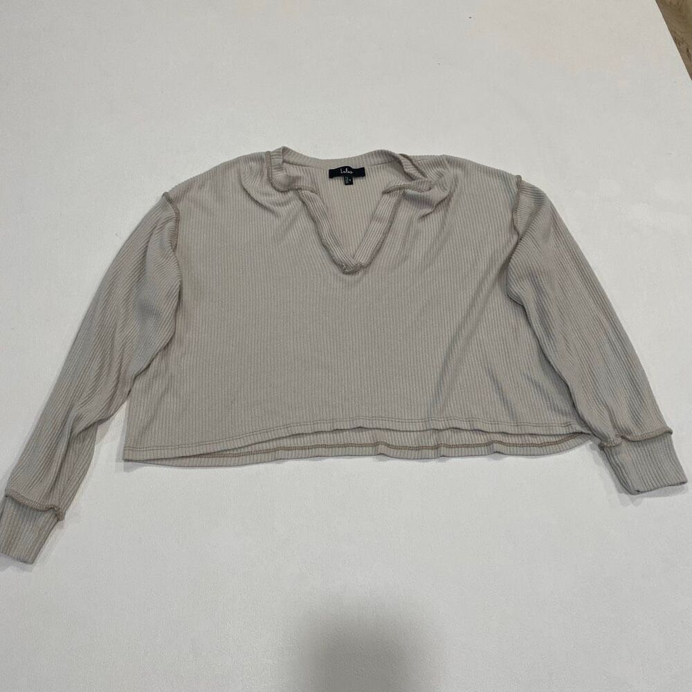 Lulus Ribbed Long Sleeve Knit Top Women’s Size S • Neutral Beige V-Neck Cropped